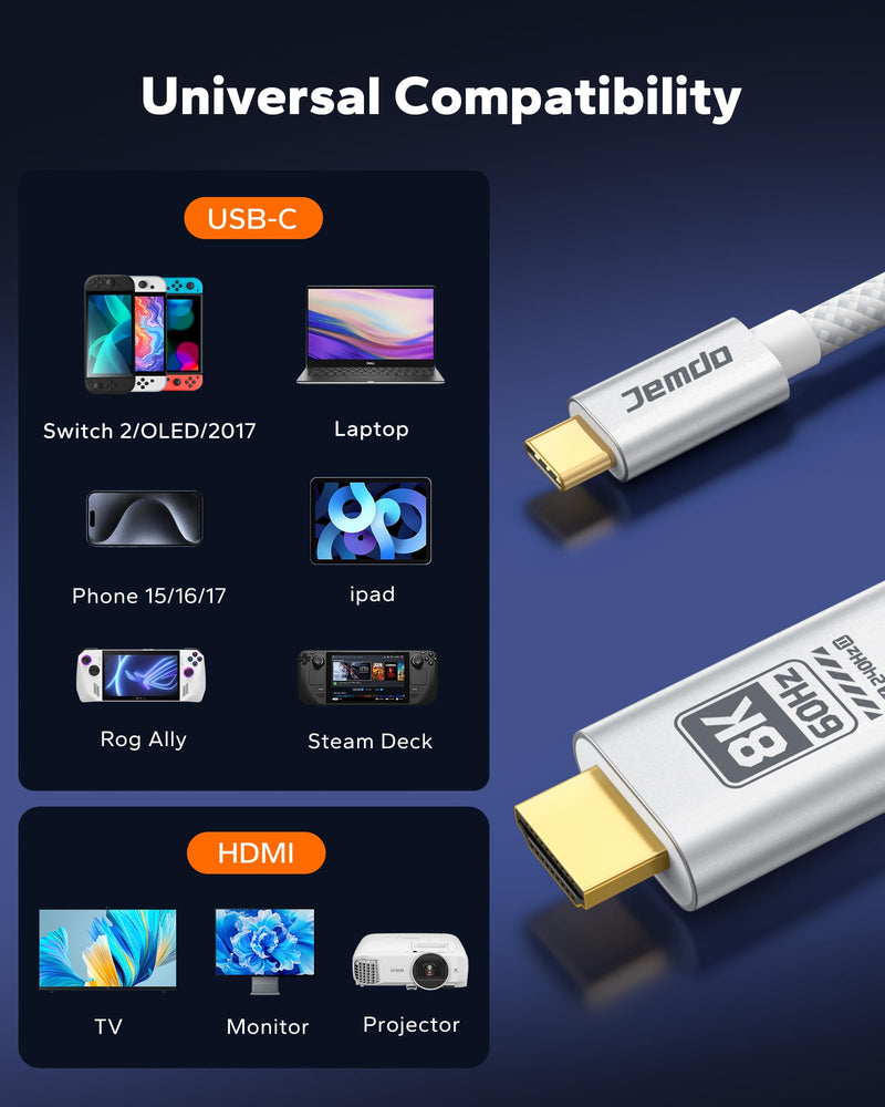 JEMDO Switch 2 (22.2.0+) Dock HDMI Cable 8K@60Hz HDR/ 4K@240Hz, 6.6ft USB-C to HDMI 2.1 48Gbps TV Dock, 100W PD Play While Charging, White Braided Portable Travel Adapter, Work with Switch 2/2017/OLED 8K60Hz WhiteBraid