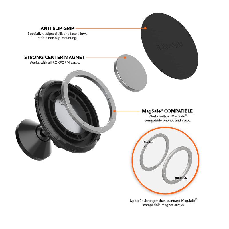 Rokform Dual Magnet Swivel Dash Mount, Adjustable & Aluminum (Black) | Compatible with Mag Safe Cases, Sticks to Smooth Flat Surfaces