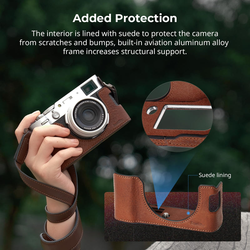 SMALLRIG Retro Half Leather Case for Fujifilm X100VI with Neck Strap, Brown | Genuine Leather Half Case with Aluminum Alloy Frame and Shoulder Strap