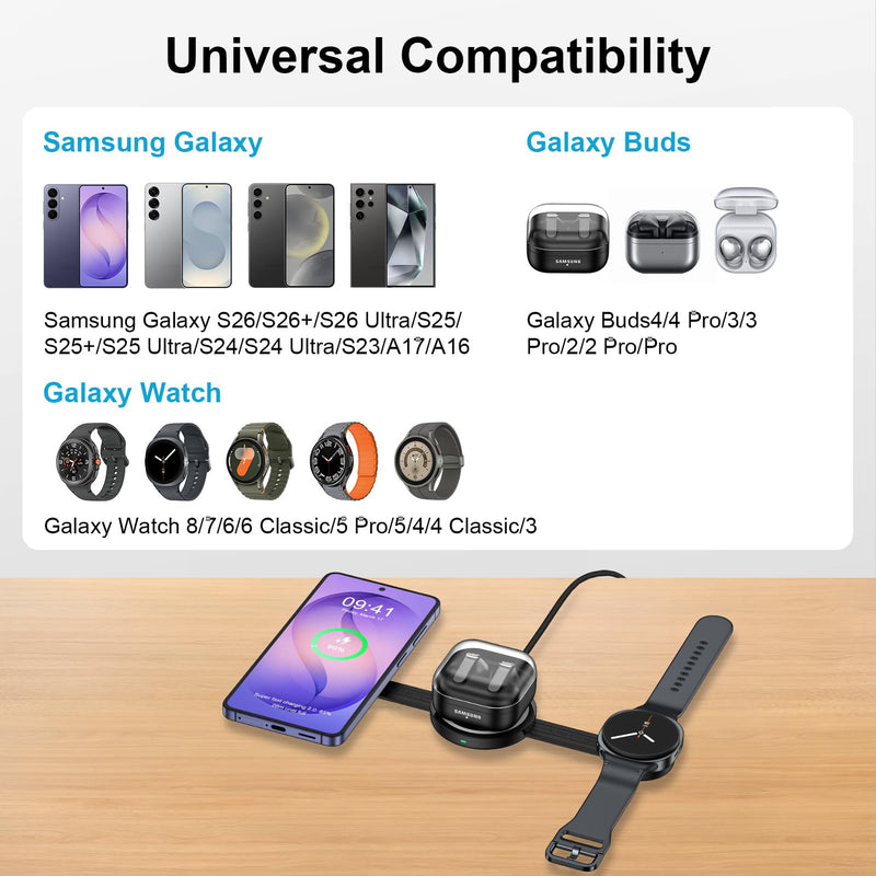 3 in 1 Wireless Charging Station Samsung, Foldable Wire Less Charging Pad for Samsung S26 S25 Ultra S24, Fast Charging Station Galaxy Watch8/7 Galaxy Buds4, Travel Charger for Samsung Multi Devices Wireless Charger Black