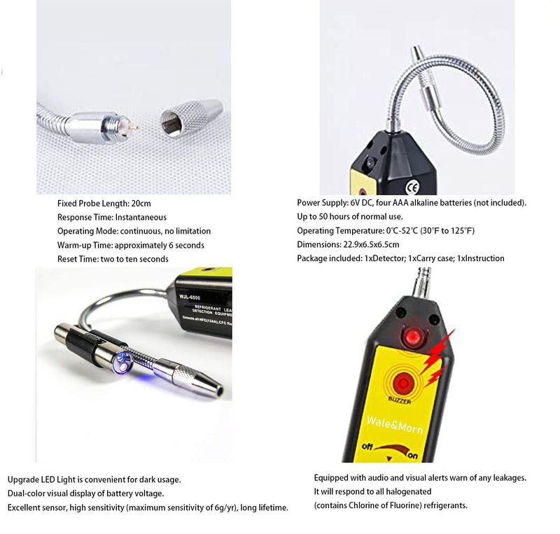 WJL-6000L Freon Leak Detector Halogen Gas Sniffer Refrigerant AC Leak Tester R22 R410A R134A R1234YF WJL-6000+L