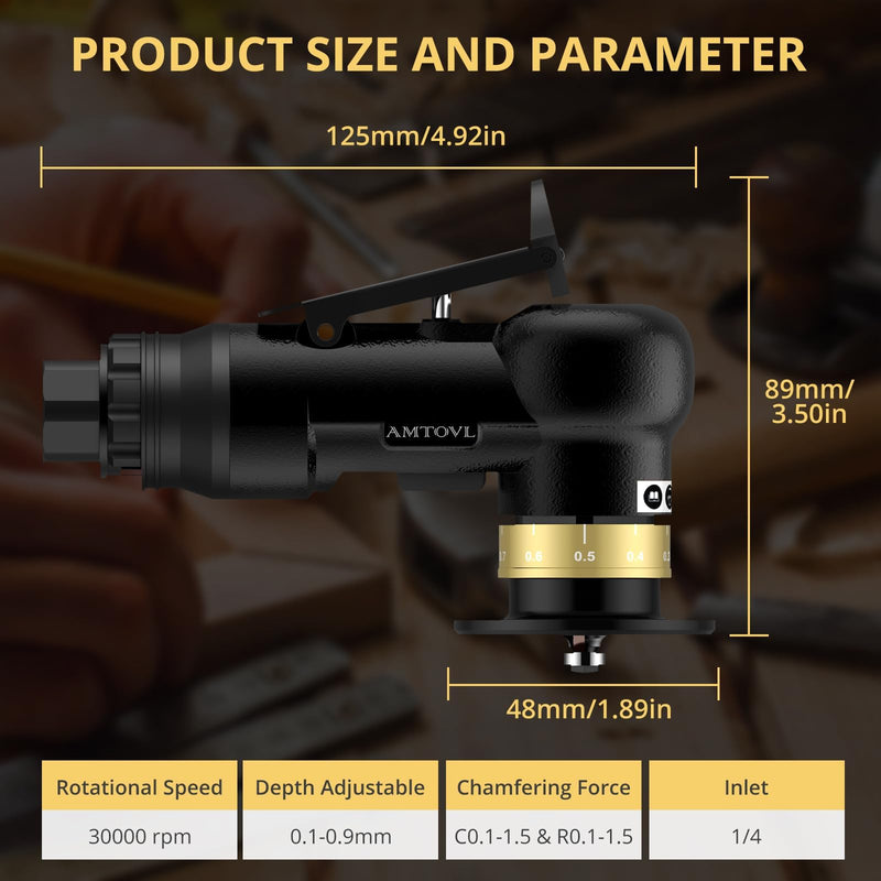 AMTOVL Pneumatic Chamfering Tool - Mini Air Chamfer Tool with 10 C-Angle & 10 R-Angle Blades, 45° 30000 RPM Chamfering Tool for Metal and Wood with 1/4" Air Inlet Black
