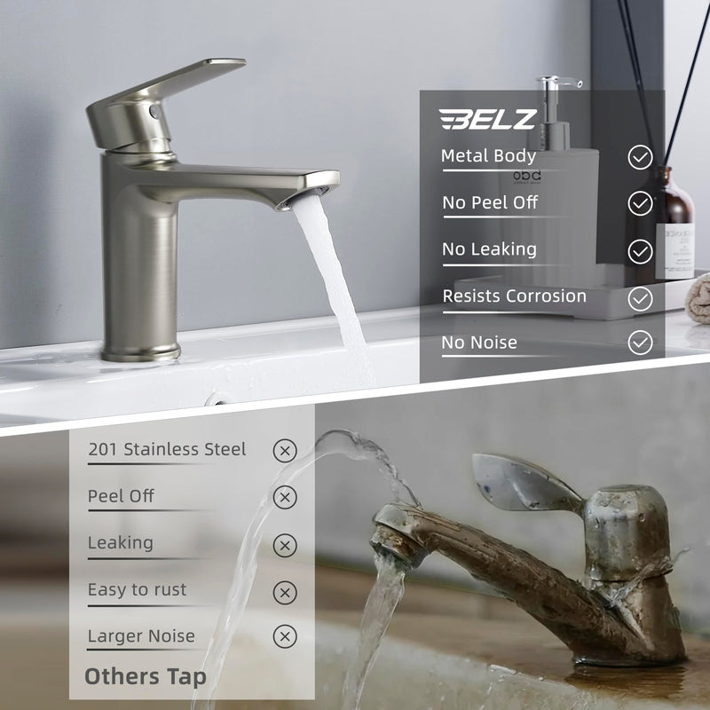 BELZ 2 Pack Brushed Nickel Single Handle Bathroom Sink Faucet,Faucet Only | Tool-Free Easy Installation，Pre-Installed Supply Lines，Without Deck plate & pop-up drain，Fits Most 1-Hole Vanity Sinks 2 Pack-Brushed Nickel