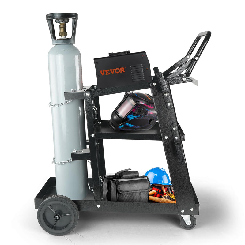 VEVOR Welding Cart, 3-Tier Welder Cart Heavy Duty with 400 Lbs Weight Capacity, 360° Swivel Wheels, Tank Storage Safety Chains, Rolling MIG Welder Cart for TIG, ARC, MMA, Plasma Cutter Welding Machine
