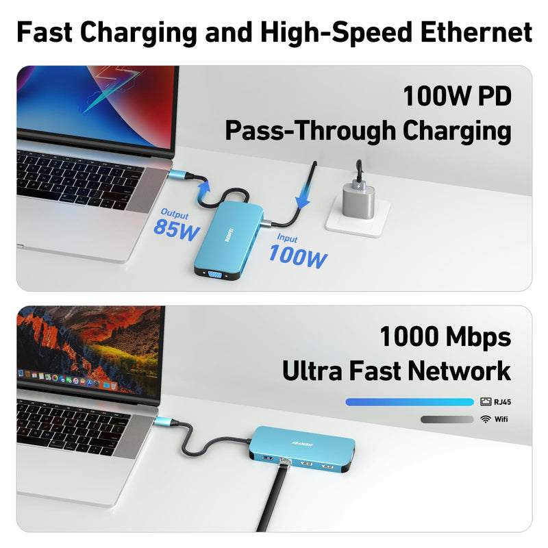 BENFEI 11-in-1 USB C Hub Triple Display Docking Station Dual HDMI, VGA, 3*USB 3.0, 1Gbps Ethernet, 100W Power Delivery, SD/TF Card Reader, 3.5mm AUX Audio Compatible with MacBook XPS Surface Blue