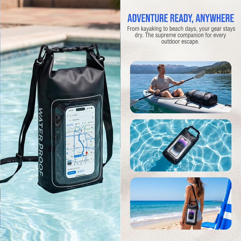 Dry Bag Waterproof for Women Men, 2L Roll Top Lightweight Dry Storage Bag Backpack with Phone Case for Travel Swimming Boating Kayaking Paddle Board Camping Beach Accessories, Black