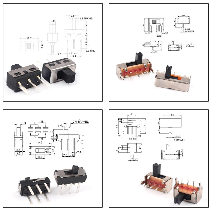 Slide Switch Assorted Kit, Mini Micro PCB Panel Slide Switch 2Pin 3Pin 4Pin ON/Off ON/Off/ON Switch Breadboard Electronic Dip SlideSwitch（JTS-Slide-Switch