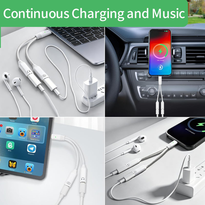 USB C Splitter 1 in 2 Out Dual USB C Headphone and Charger Adapter, White | Audio Jack Dongle with PD 100W Fast Charging Cable for iPhone 17 16 15 Pro Max, iPad, Samsung Galaxy S25 S24 Ultra