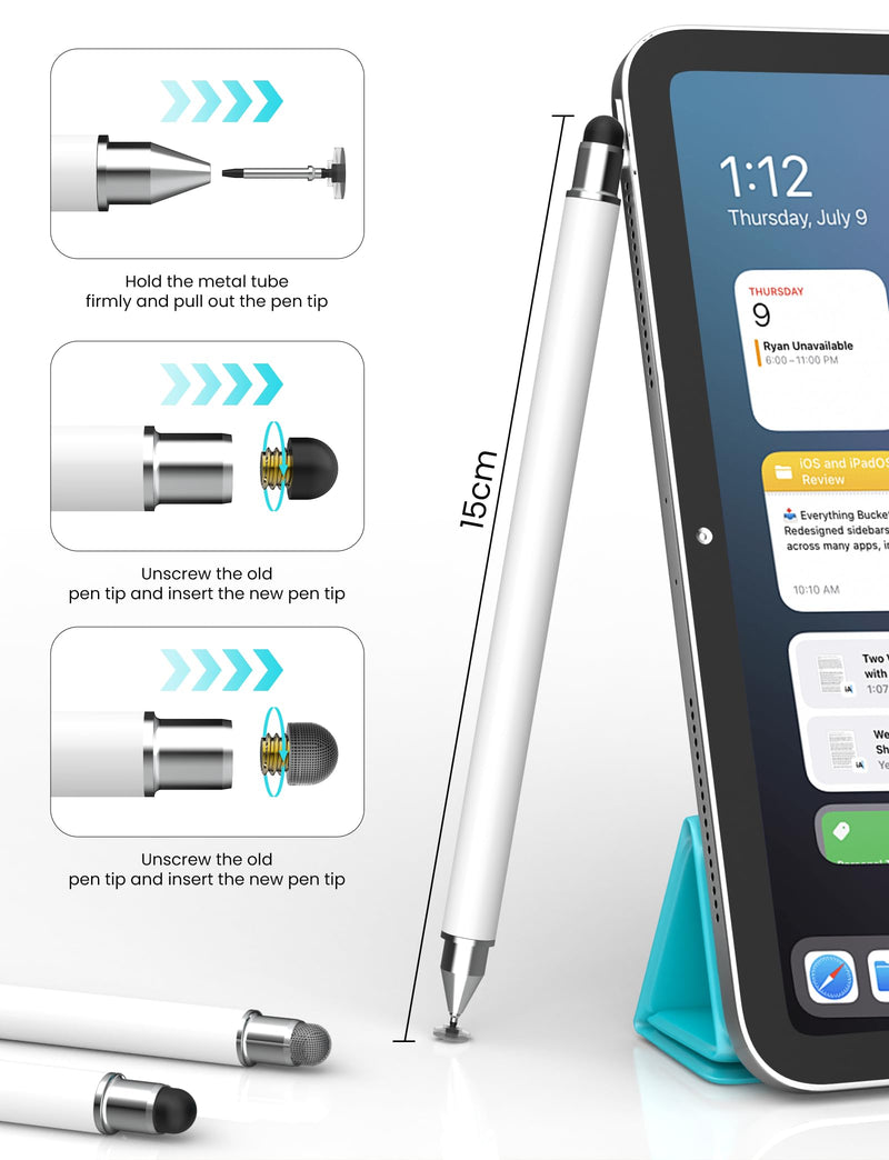 MEKO Stylus Pen for Touchscreen, 3-in-1 Universal Tablet Pen | Magnetic Design Replacement Tip, Fiber & Rubber & Disc Nibs, High Sensitivity for All Touch Screens Devices (White) White