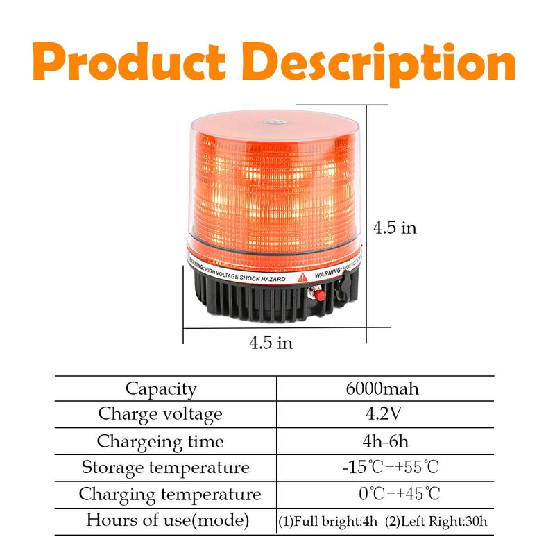 LE-JX Amber Wireless Rotating Beacon Orange Battery Led Strobe Warning Light Roof Top Plow Hazard Flash Emergency Mail Lights 12 V with Magnetic Base Mount and Rechargeable Plug (Yellow, 18 LED)
