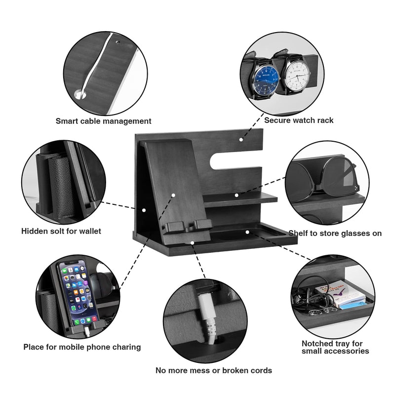 Wood Phone Docking Station - Gifts for Men Desk or Nightstand Organizer - Birthday Gifts for Husband, Fathers Day for Dad - Anniversary Idea from Wife - Key Holder, Stand Wallet, Watch & Essentials lassic stand - Black