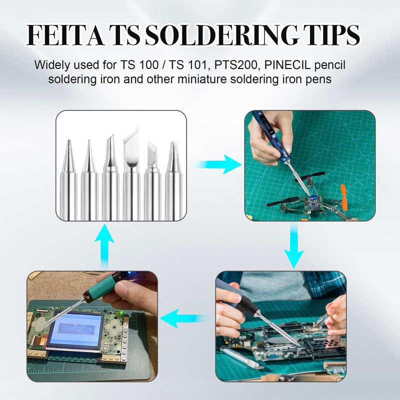 FEITA Pinecil TS100 Soldering Iron Tips Replacement for Mini Portable Micro Solder Pen Various Models Stations Tool Soldering Accessories (TS-B2/I/BC2/D24/K/KU 6pcs) TS-B2/I/BC2/D24/K/KU 6pcs