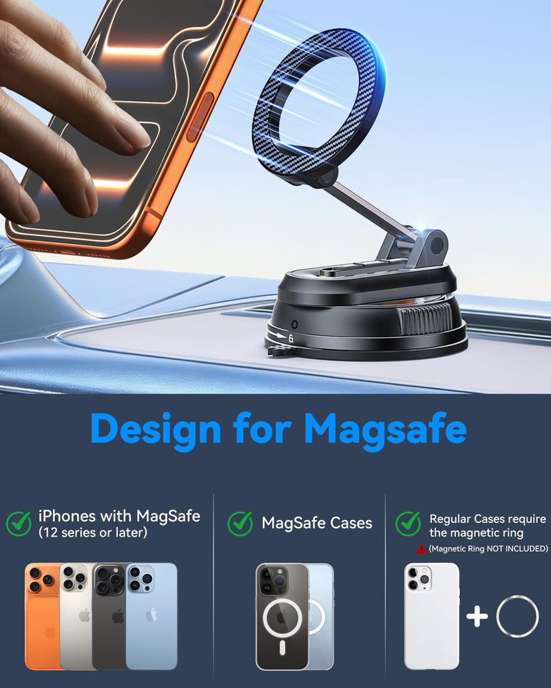 2-IN-1 Detachable MagSafe Car Mount, Vacuum Magnetic Phone Holder for Car | [2800gf Strong Magnet & 89+LBS Suction Base] Phone Holders for Your Car, 360° Adjustable Car Phone Holder for iPhone 17-12 Carbon Fiber