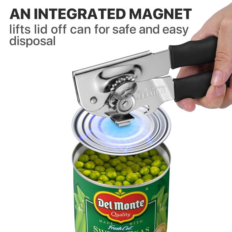 Can Opener Manual Heavy Duty, UHIYEE Hand Held Can Openers for Seniors with Comfort Grip Sharp Blade, Solid Steel Hand Manual Can Open with Magnet for Kitchen Camping, Black