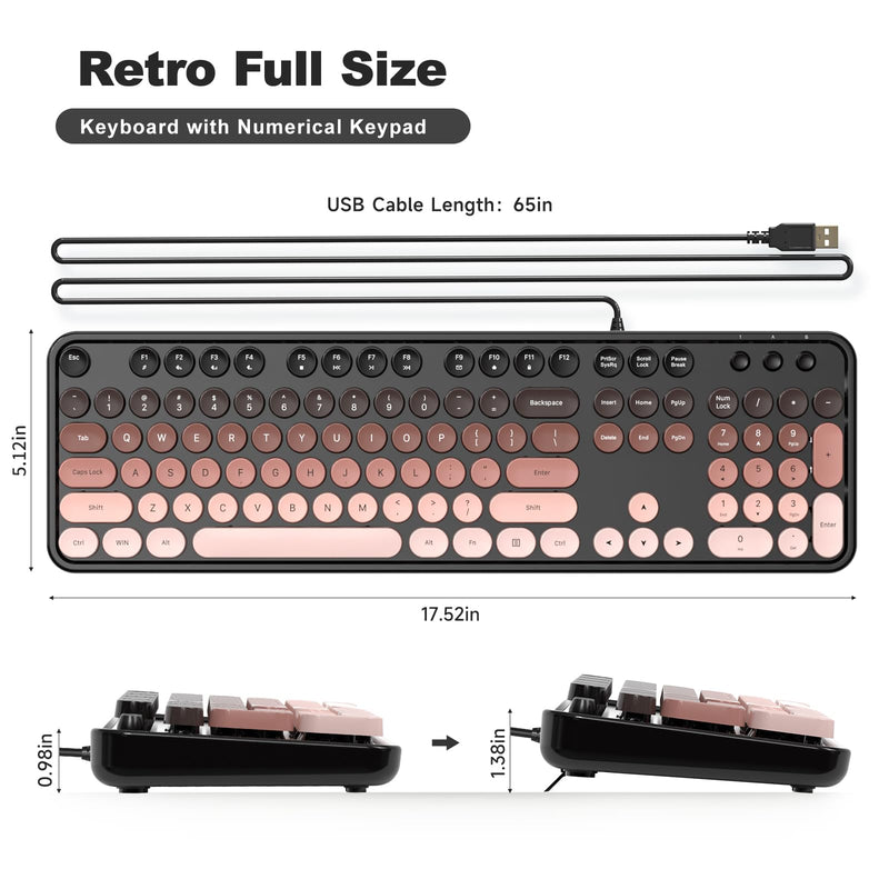 MOFII Wired Keyboard and Mouse Combo, Full-Size Retro Round Keycaps Keyboard with Number Pad, Cute Cat Shape Mouse for Windows 7/8/10/11, Laptop, Desktop, PC, Computer Mocha Gradient