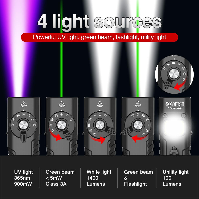 Solofish 1400 Lumens Aluminum EDC Flashlight with Green Beam, UV and 100lm Utility Light Combo, Rechargeable 4-in-1 Portable Pocket Light with Strobe for Emergency