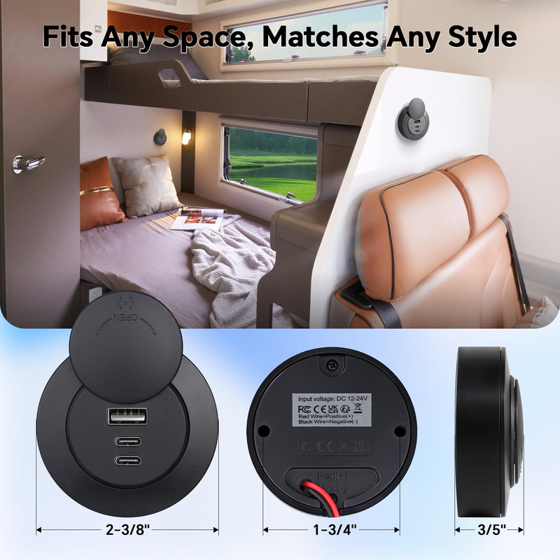 acegoo 72W 3-Port RV USB Outlet, Surface Mount 12V USB Fast Charger Socket | PD3.0+QC3.0, Multi Protection, No-Backlight Design, 360° Rotating Dust Cap, Fits RV Camper Trailer Truck Car Boat, 2Pcs 2 Pcs