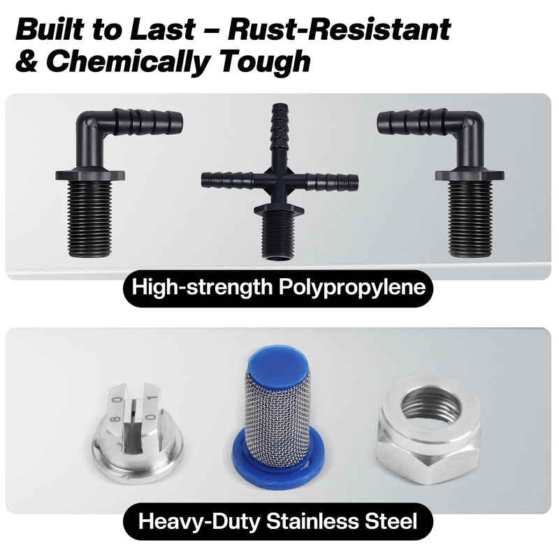 Spray Boom Repair Kit with 8001-VS Tips, 3/8" Nozzle Body Elbows & Cross, Tip Screens, Nozzle Caps & Nuts, 1" Boom Clamps, Hose Clamps – Sprayer Parts for 3-Tip Boom Repair