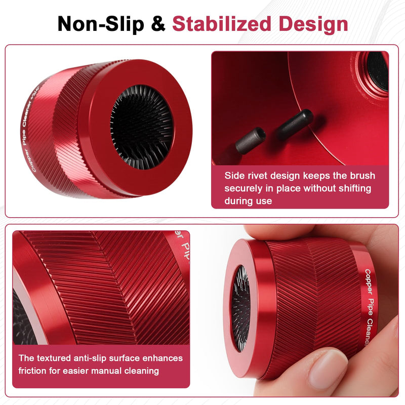 Copper Pipe Cleaner for Drill, Plumbing Tools Set 1/2" & 3/4" with 1/4" Hex Shank & 6 Brush Blades & 2 Pipe Brush, for Removing Rust, Stains & Paint from Copper & Metal Pipes, Red, Metal Cleaning Kit 1/2" & 3/4"