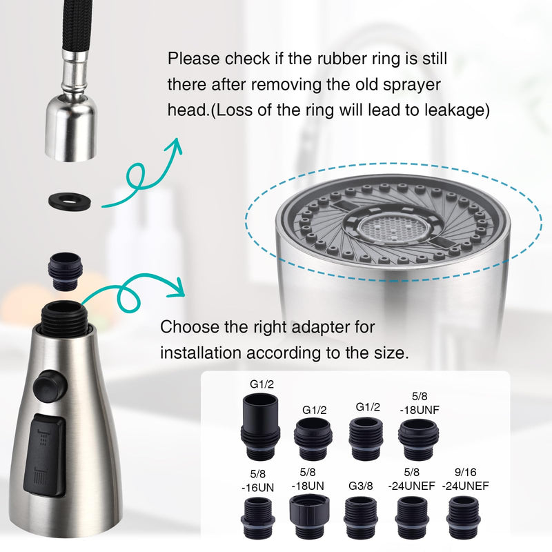 Metal Kitchen Faucet Head Replacement, 3-Function Pull Down Spray Head for Kitchen Faucet, High Pressure Sink Spray Nozzle with 9 Adapters Compatible with American Standard, Brushed Nickel
