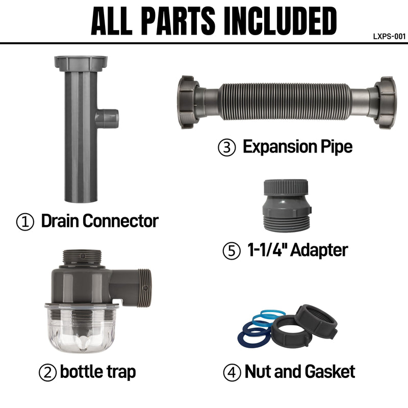 1-1/4" and 1-1/2" PVC Bottle Trap Plumbing Kit with Threaded Adapter, Sink Drain kit for Bathroom and Kitchen, P-Trap Replacement, Flexible Extension Tube Drain Tailpiece