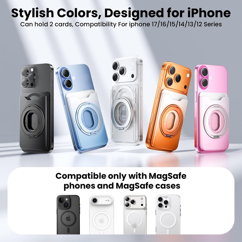 for Magsafe Wallet, 2 Card Holder, With Rotating Stand, Black | Magnetic Wallet for iPhone 17/16/15/14/13/12 Series 360° Ring Stand
