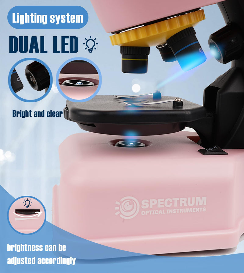 SpectrumOI Pink Microscope for Adults and Kids,40X - 640X Compound Microscope for Beginner 8-12, Kids Microscope with 8 Spicemen Slides, Microscope kit for Kids