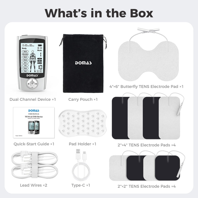 DOMAS TENS Unit with 4"x6" Butterfly Pad for Lower Back Pain Relief, 8 Guided Body Programs, USB-C Rechargeable, Dual Channel Silver