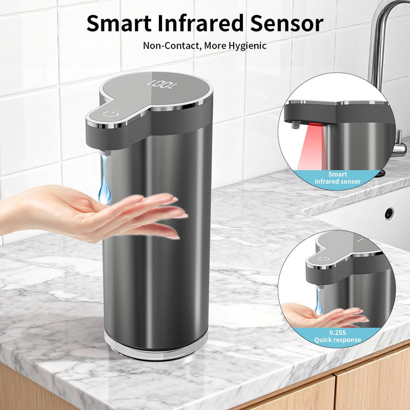Automatic Liquid Soap Dispenser, 12oz Rechargeable Touchless Hand Soap Dispenser, 4 Levels Adjustable Infrared Sensor Dish Soap Dispenser for Bathroom,Kitchen,Hotel St-01 Liquid Gray