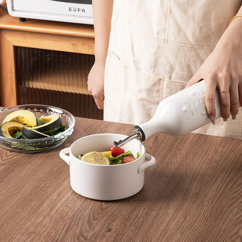 Sweejar Large Olive Oil Dispenser Bottle with Spout, 24 Oz Ceramic Oil Dispenser for Kitchen, Relief Opaque Oil Cruet, Oil Container for Cooking, EVOO, Avocado Oil, Vinegar, Pack of 1 (White) White Patterned styles