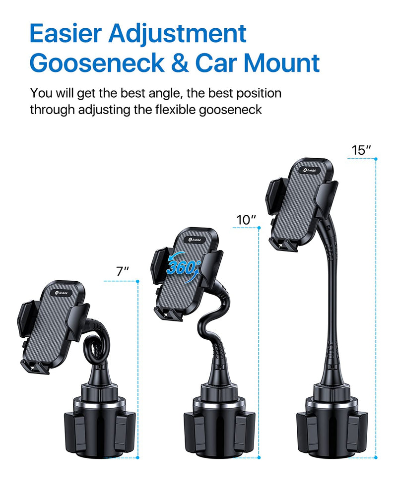 andobil Upgraded 15" Cup Holder Phone Holder, 【Solidest & Adjustable】 Military-Grade Long Gooseneck Cup Phone Holders for Your Car Truck, Car Phone Holder for iPhone 17 Pro Max 16 15 14/Samsung/Pixel Gooseneck-Black