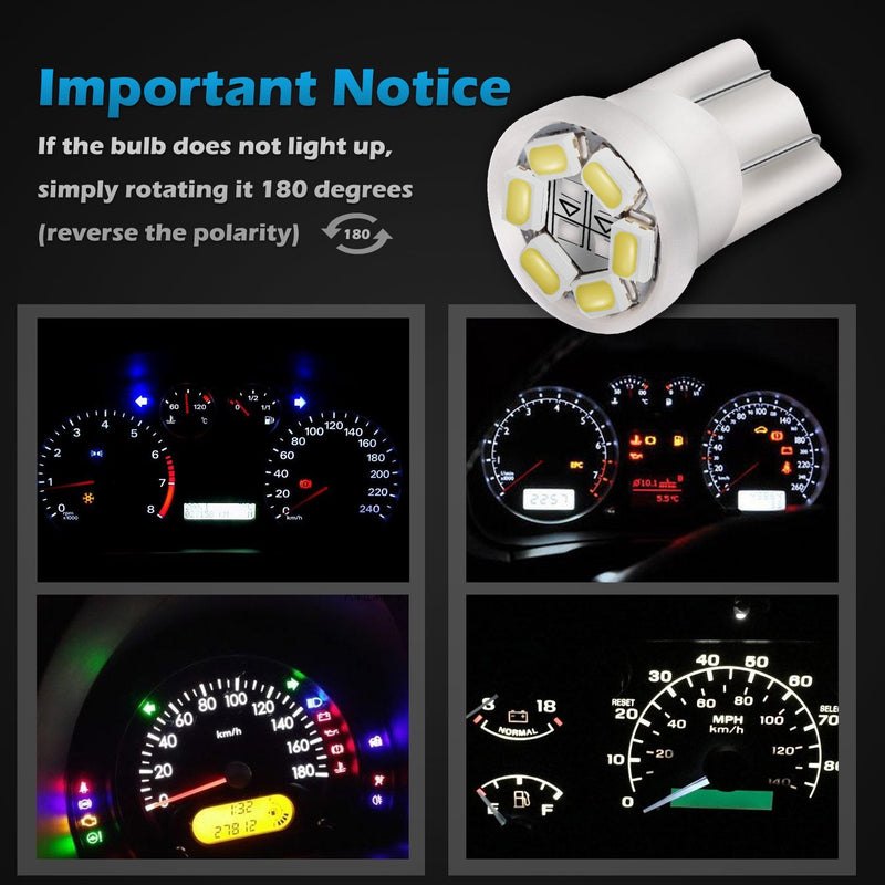 Partsam T10 194 168 LED Dash Instrument Light Bulbs White with Twist Lock Socket, Super Bright T10 Instrument Panel Gauge Cluster Dashboard Lights Bulbs 12V 6-2835-SMD LED Chipset, 10Pcs/Set