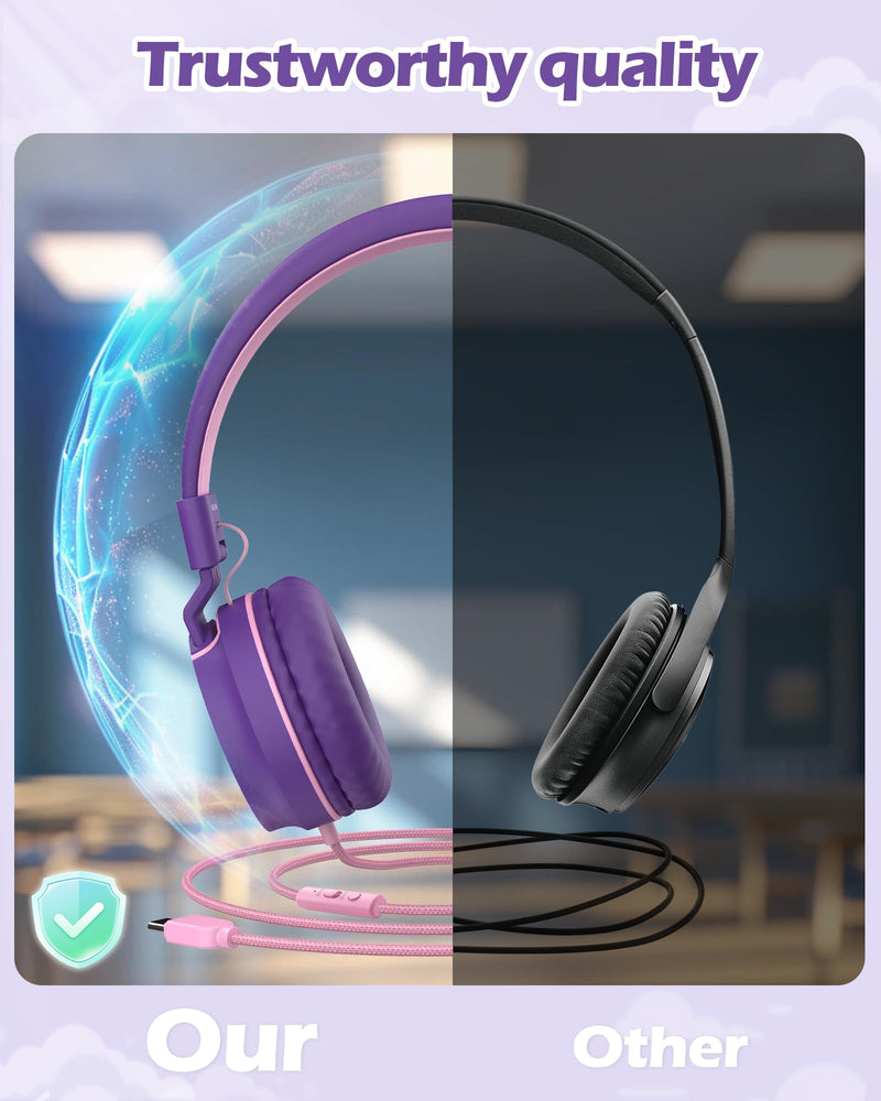 AILIHEN Upgrated USB C Headphones for Kids with Mic, Volume Limit 85dB/94dB | HD Stereo Sound, Foldable, Adjustable, Lightweight Type C Headphones for Gilrs/Toddler/School/Travel/Chromebook/Tablet/iPad Purple