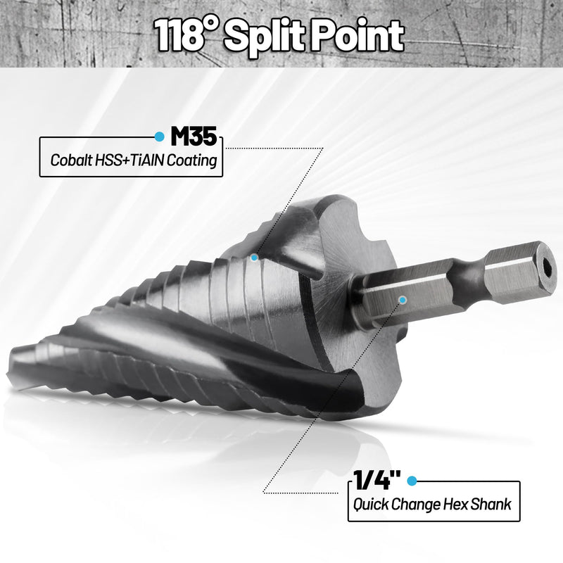 Cobalt M35 Step Drill Bit, TiAlN Coating 4 Spiral Flute Step Bit for Metal, Stainless Steel, Aluminum, Plastic, Large Step Drill 1-1/8" M35 1/4 - 1-1/8