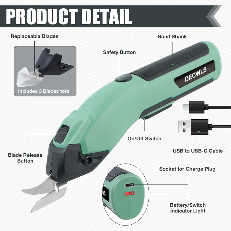 Cordless Electric Scissors for Fabric, 4V Rechargeable Cardboard Scissors with 3 Replaceable Sharp Blades, Electric Shears for Cutting Fabric, Cardboard, Carpet, Leather, Felt