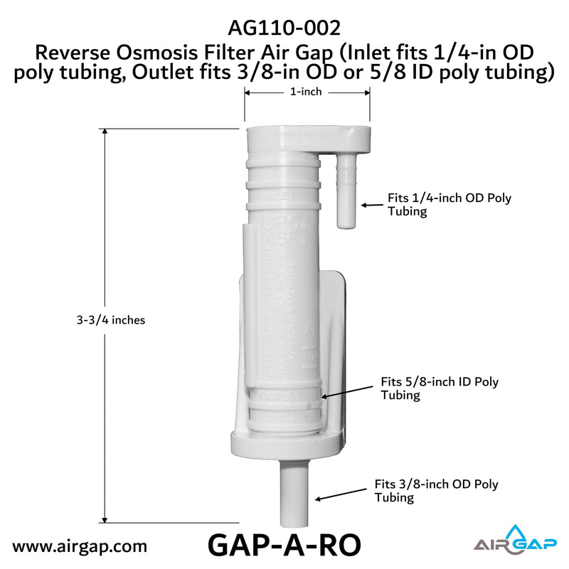 Reverse Osmosis Filter Air Gap (Inlet fits 1/4-in OD poly tubing, Outlet fits 3/8-in OD or 5/8-in ID poly tubing; AG110-002, KIT S-B, GAP-A-RO)