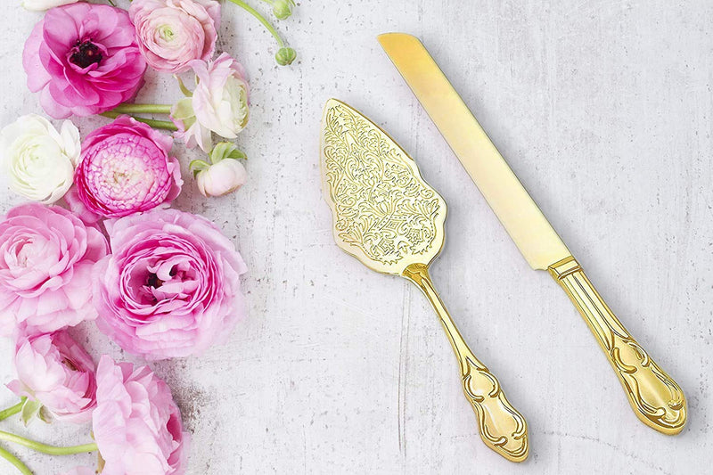 Strova Gold Wedding Cake Cutting Set - Vintage Cake Knife and Server for Event Use Gold Plated