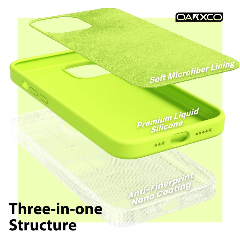 oakxco Liquid Silicone Case for iPhone 15 Case, Cute Slim Thin Phone Case for Women, Girly Soft Gel Rubber Cover Matte Solid Bright Color Shockproof with Microfiber Lining, Neon Green Lime