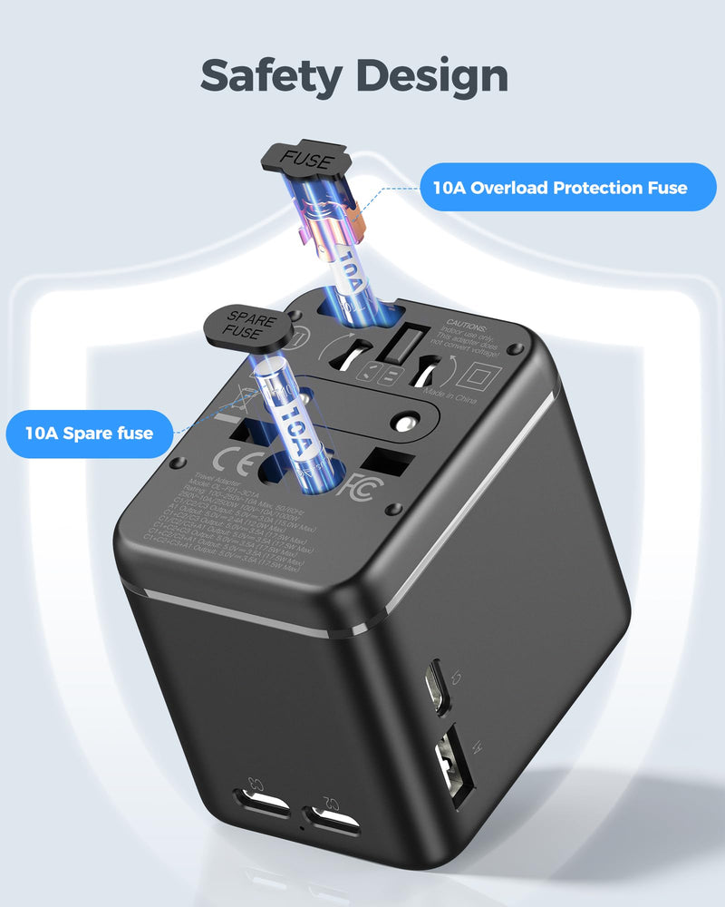 Universal Travel Adapter with Dual AC Outlets, 4 USB Ports, 2500W | 3 USB-C & 1 USB-A Ports, Charge 6 Devices, Compact Design, EU/US/UK/AU Plug Adapter for 200+ Countries