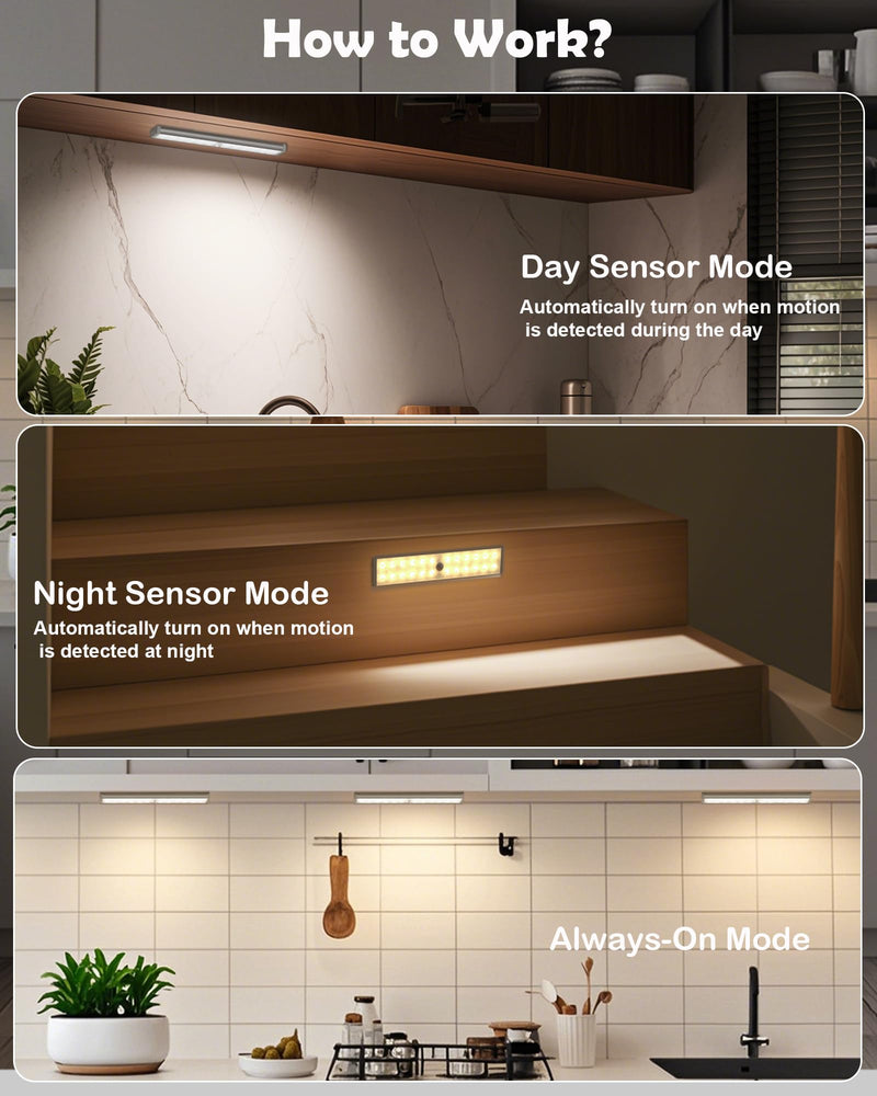 SZOKLED 58-LED Under Cabinet Lighting Wireless, RGB Motion Sensor Night Lights with Remote, 1100mAh Magnetic Under Cabinet Lights for Kitchen, Shelf, Stair, 15 Color (4 Pcs) Rechargeable / 4 Pack