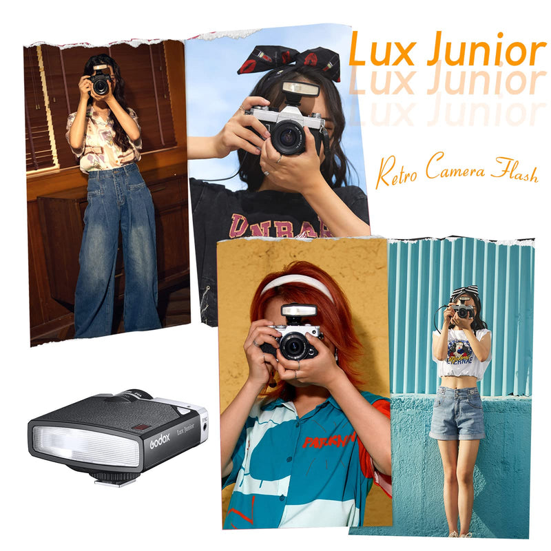 Godox Lux Junior Retro Camera Flash Speedlite | GN12, 6000K fixed color temp, auto & manual mode, S1/S2 optical sync, compatible with Canon, Nikon, Sony, Fuji, Olympus
