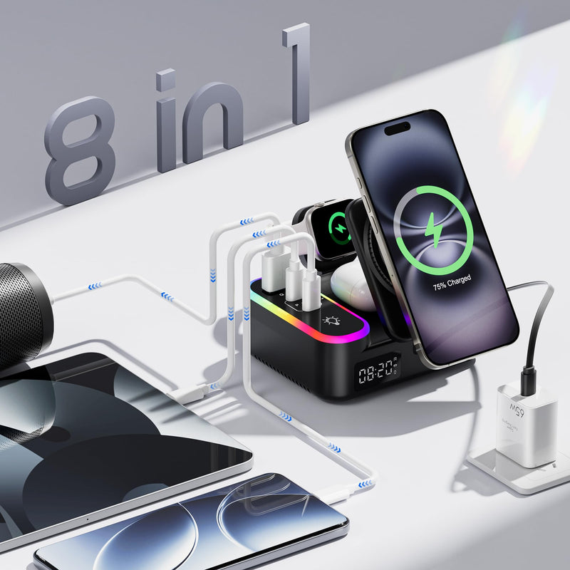 8-in-1 Foldable Wireless Charging Station for Apple Devices with Clock, 65W | Wireless Charge for Apple Watch, Phone & AirPods + 3 Extra Ports. Built‑in Retractable Cord, RGB Light & 65W GaN Fast Charge Black