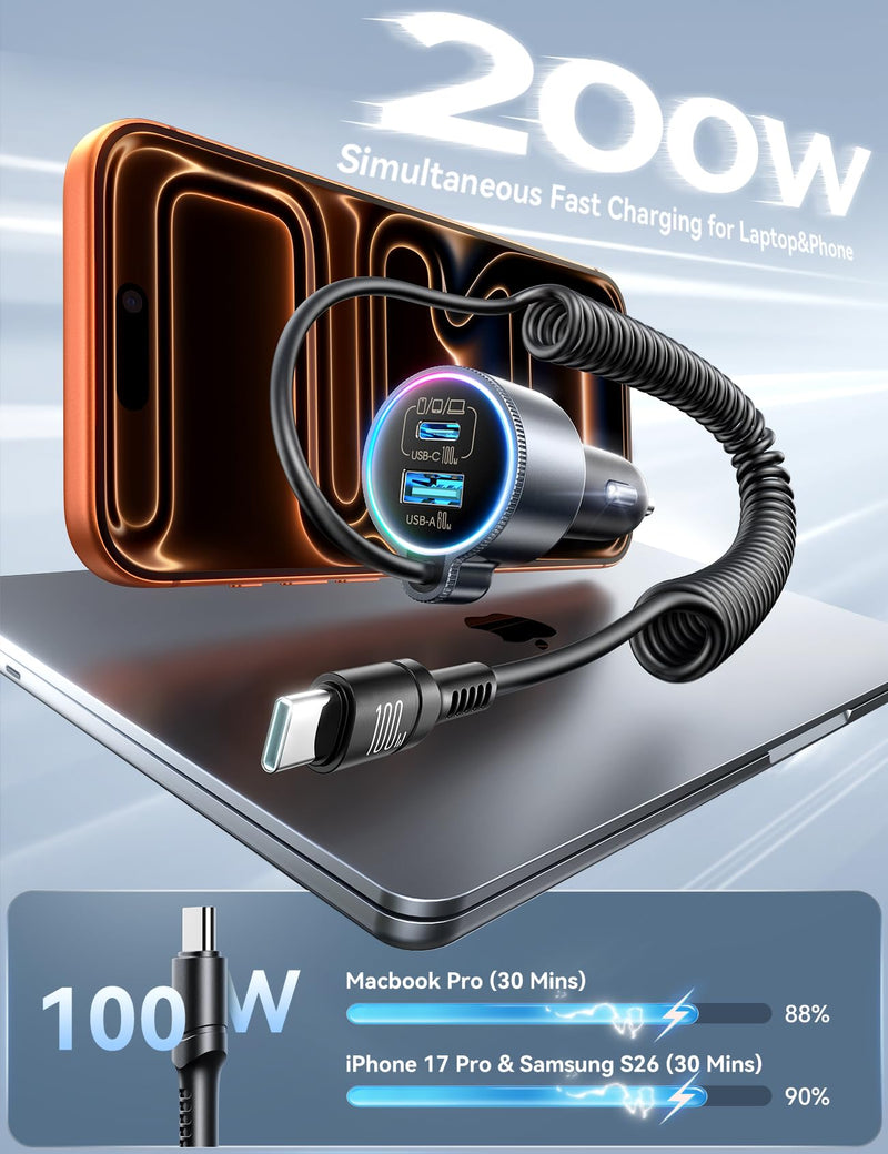 FLYLEAD 200W Car Charger USB C Fast Charge, [GaN] PD100W Fast Car Charger | Cigarette Lighter Phone Charger Adapter for iPhone 17/16/15 Pro Max, MacBook Pro Air Laptop, Samsung S26/S25, Pixel, iPad Pro Black