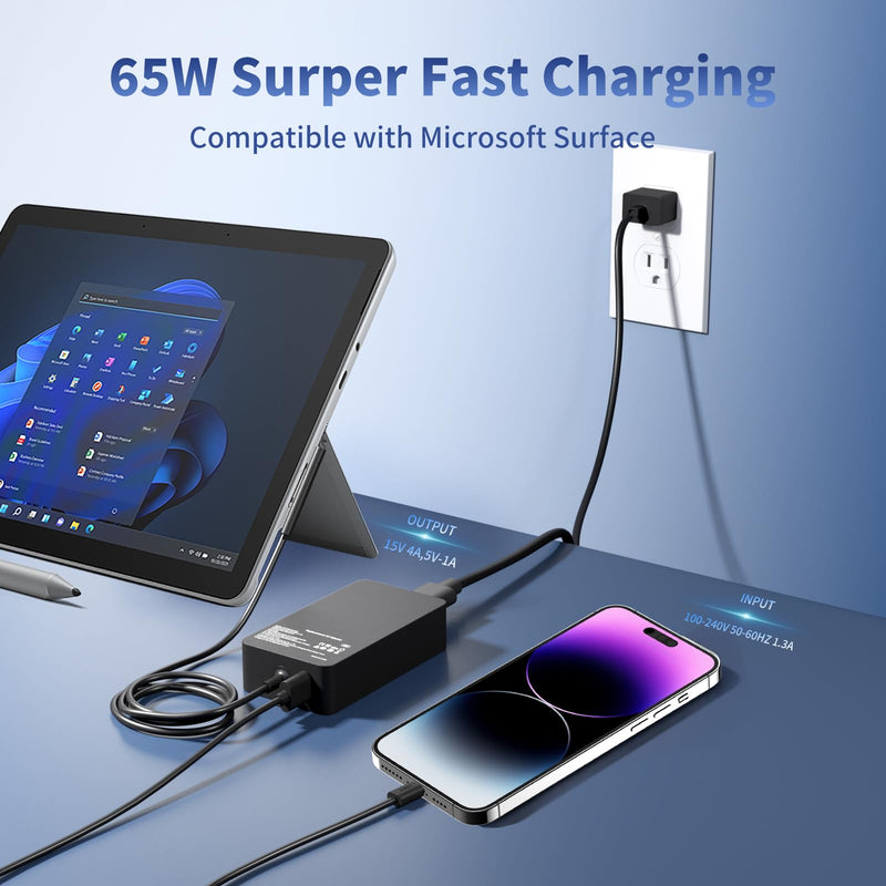 65W Surface Pro Charger, Compatible with Microsoft Surface Pro 11 10 9 8 7+ 7 6 5 4 3 X, Windows Surface Laptop 7 6 5 4 3 2 1, Go 4 3 2 1, Book 3 2 1, Replacement Tablet Power Supply