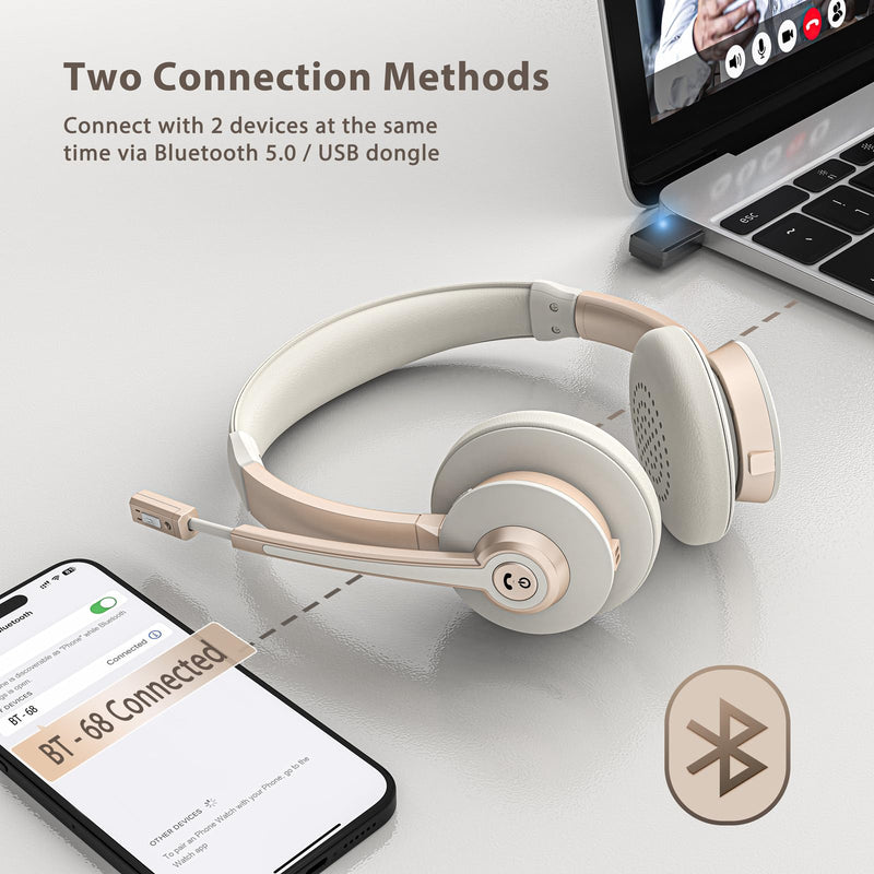 Wireless Headset, Bluetooth Headphones with Microphone AI Noise Canceling/Charge Dock, Wireless Headset with Mic Mute & USB Dongle for Computer Phone Remote Work Office Call Meeting Teams White Gold