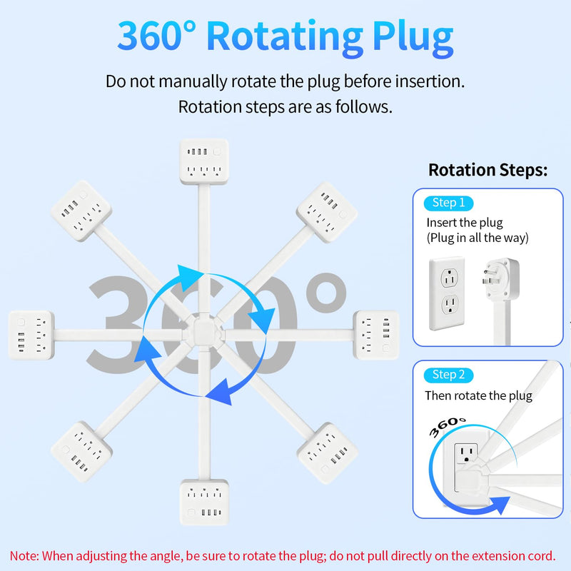 180° Rotating Outlet Extender Stick with 3 AC & 4 USB | Telescopic Extension, Behind Couch Space Saving, Surge Protector, 6-in-1 Multi Plug Wall Splitter Charging Station