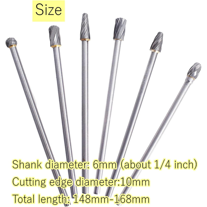 10mm Rotary Aluminum Cut Burr 6Pcs 6mm 1/4 Inch Shank 150mm Long Reach, Carbide Alloy Rotary Burr Set, Fit for Woodworking, Drilling, Metal Carving, Engraving, Polishing