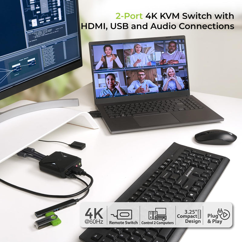 IOGEAR 2-Port 4K USB HDMI Cable KVM Switch with Remote - 4096x2160 @60Hz 2560x1440 @144Hz - USB Hub Peripheral Sharing – 2 Computers Share 1 Keyboard Mouse and Monitor - Attached Cables – GCS92HU