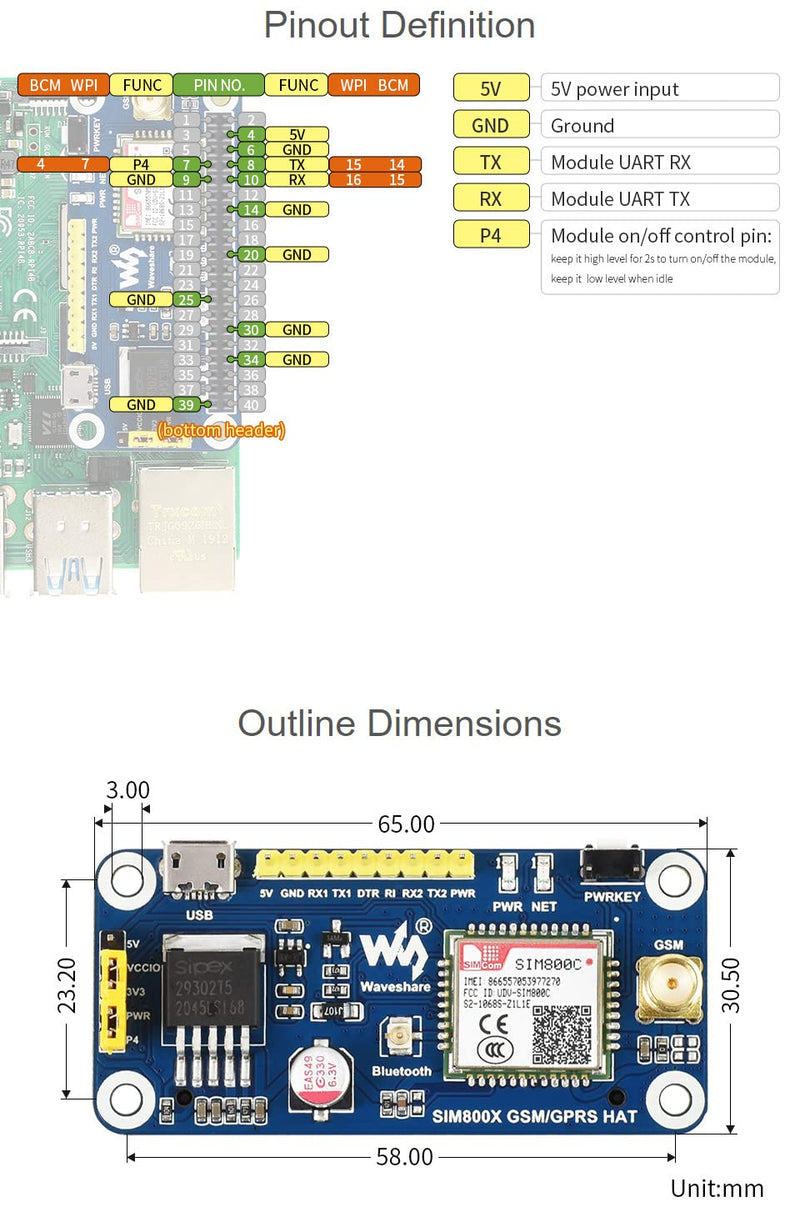 Waveshare GSM/GPRS HAT, Compatible with Raspberry Pi 5/4B/3B/Zero/Zero W/Zero 2W/Pico/Pico W/Pico WH,Jetson Nano Based on SIM800C Support SMS Data Transfer ect, 2G Communication