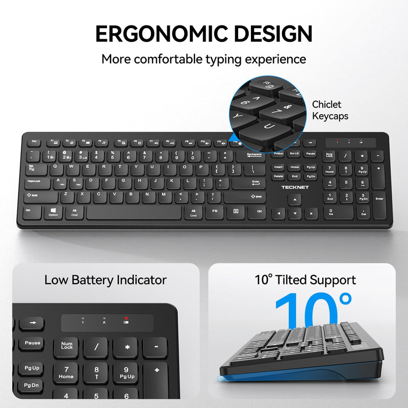 TECKNET Wireless Keyboards Full Size, Bluetooth+2.4G USB for Windows, Black | External Cordless Computer Keyboard with Number Pad, Multi Device for PC, Desktop, Laptop, Chromebook, AAA Battery Operated
